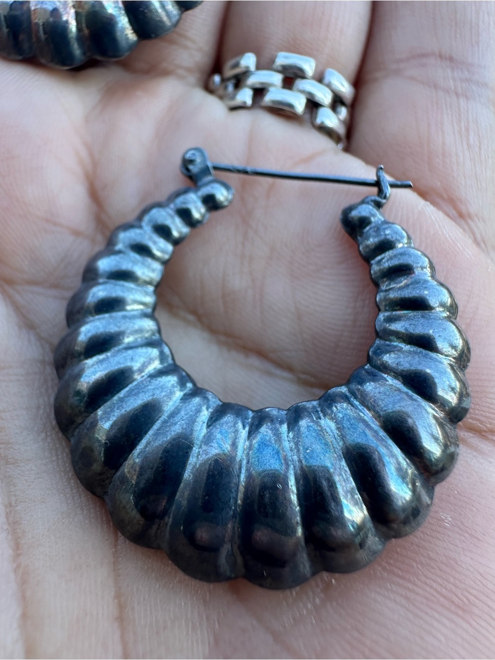 Sterling Silver Ribbed Hoop Earrings - Blackened Finish - Picture 2 of 5